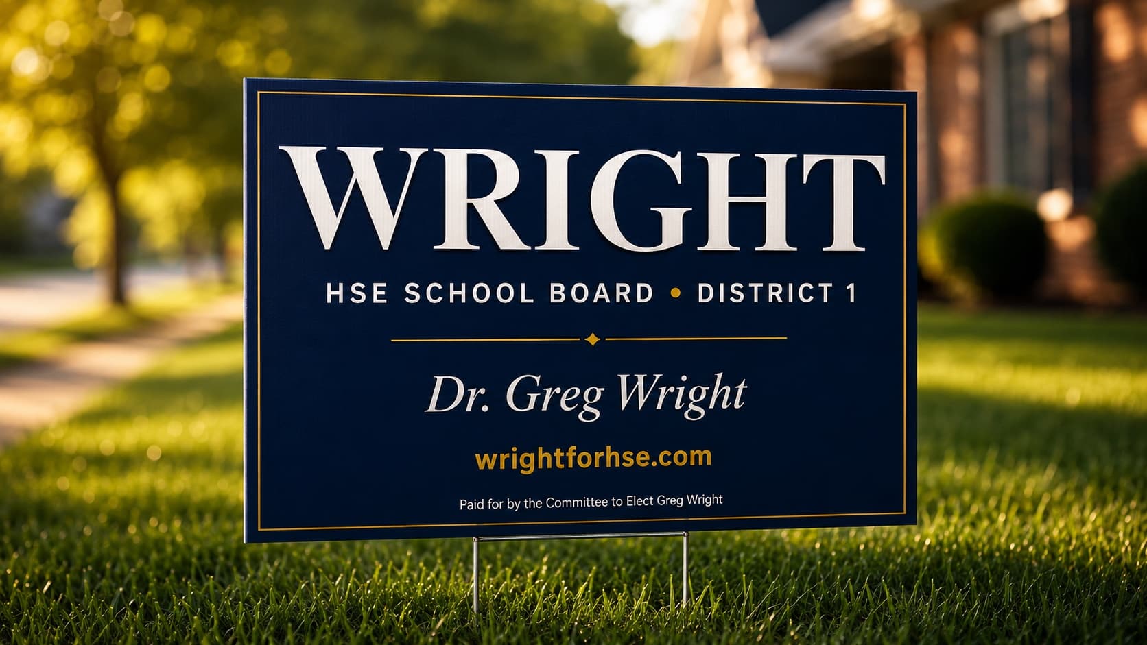 A Dr. Greg Wright for HSE School Board, District 1 yard sign in a Fishers front yard.